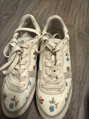 Coach Ivory Leather Sneakers with Blue and Rust Floral Accents